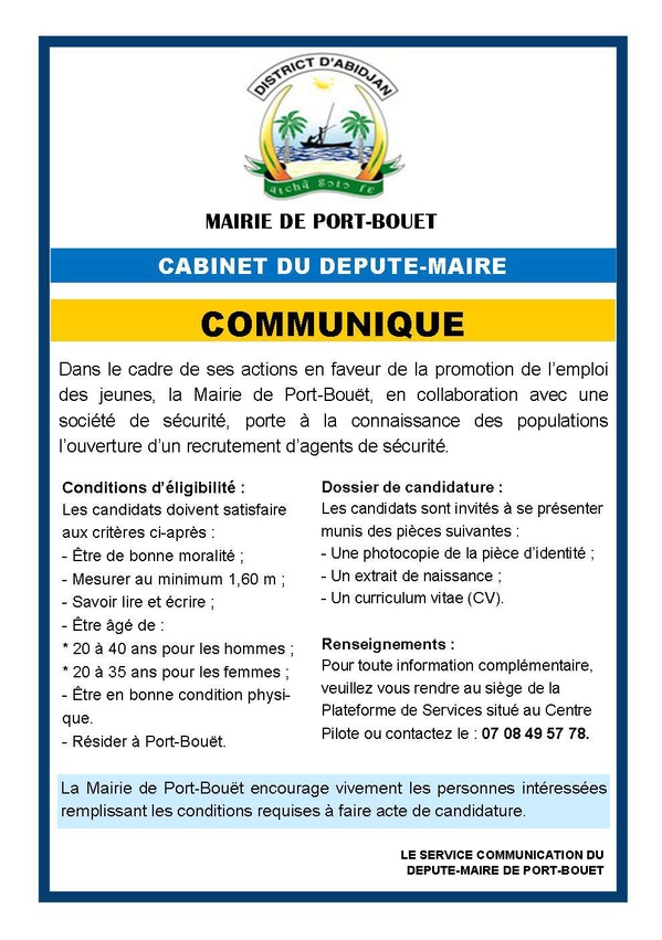 Emploi des jeunes : Dr Emou Sylvestre lance un recrutement à Port-Bouët