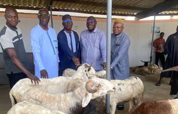 Le 4e adjoint au maire de Yopougon, Édouard Kacou Fulbert, et El Hadj Touré Moyabi remettent des moutons pour la Tabaski le 25 mai 2026 à Yopougon.