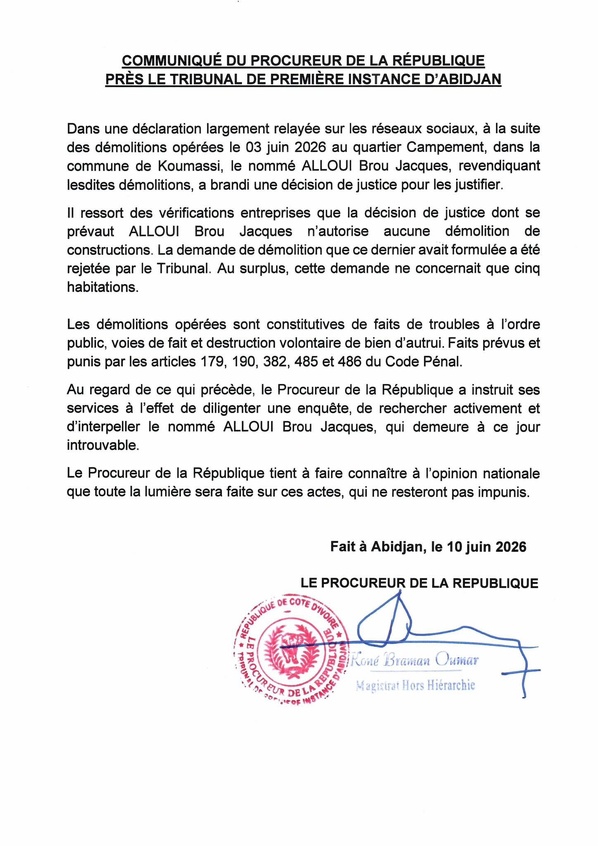 Koumassi : le parquet lance une enquête et recherche l’auteur présumé des démolitions de Campement