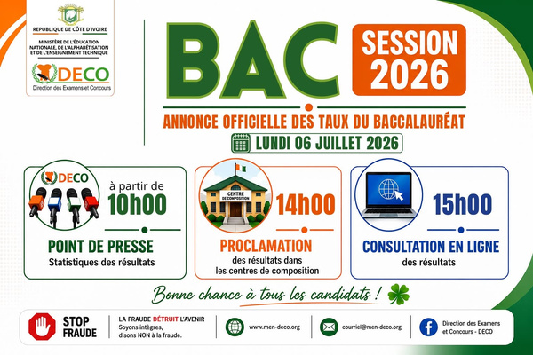 Les résultats du BAC 2026 attendus ce lundi 06 juillet à partir de 14h.