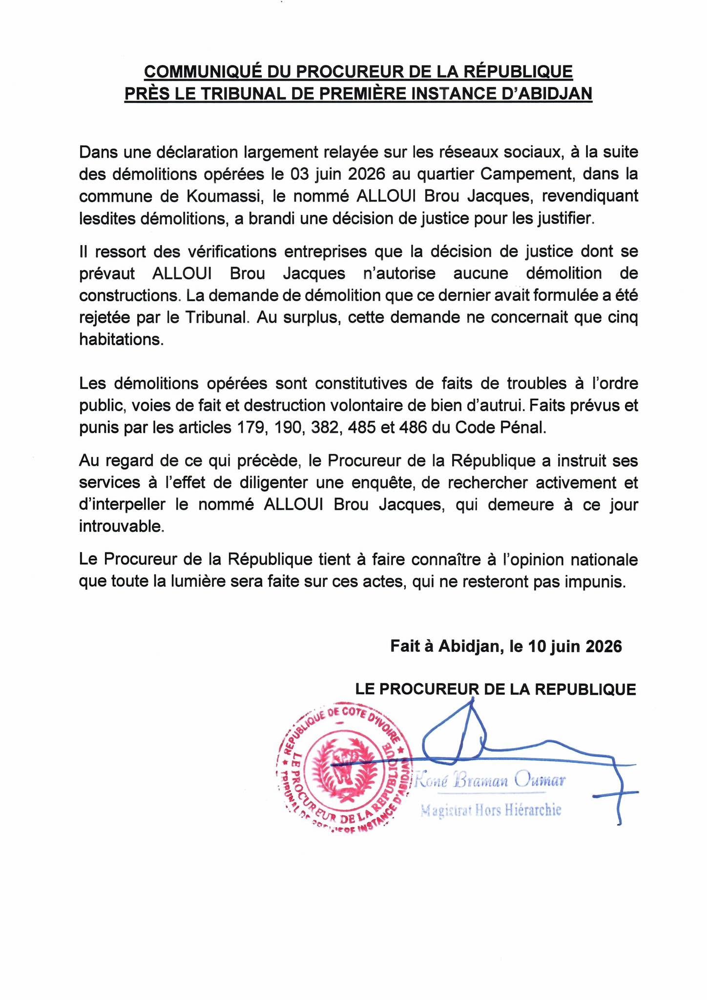 Koumassi : le parquet lance une enquête et recherche l’auteur présumé des démolitions de Campement