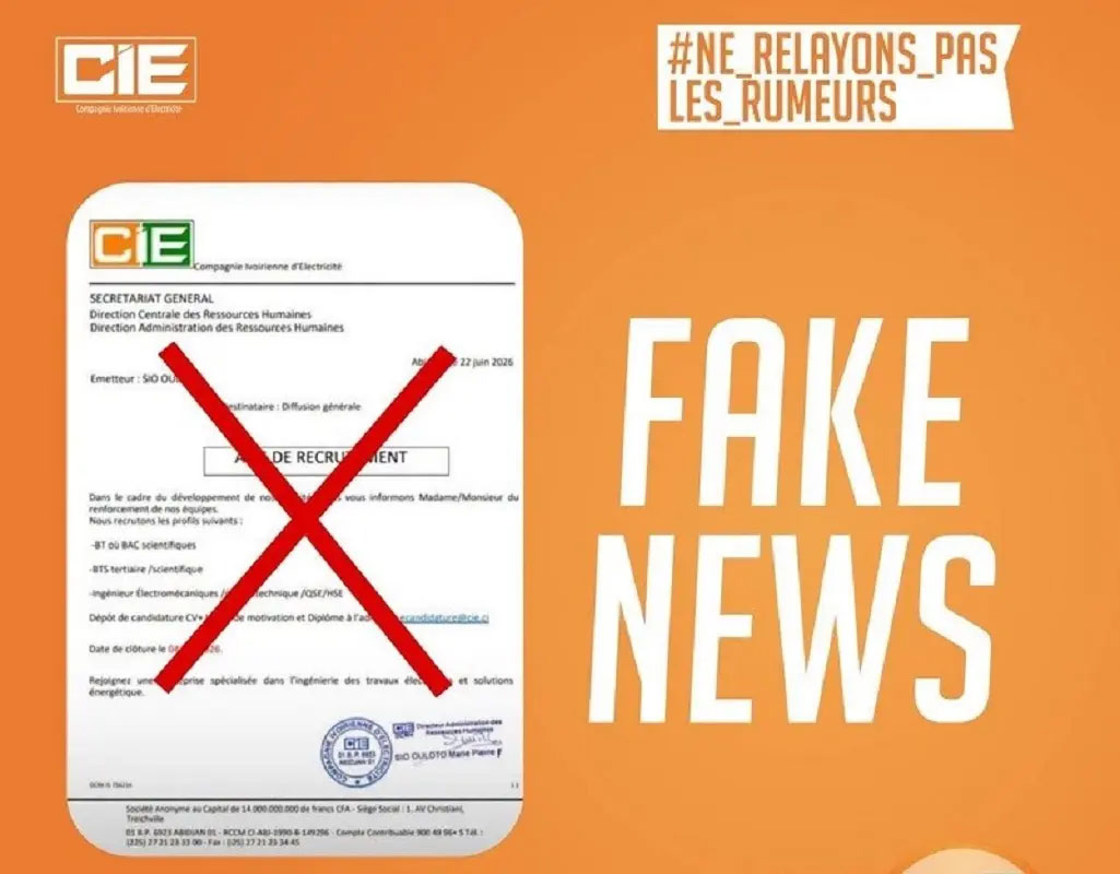 Une fausse note de recrutement circulant sur les réseaux sociaux et applications de messagerie attribuée à la Compagnie Ivoirienne d'Électricité suscite l’inquiétude.
